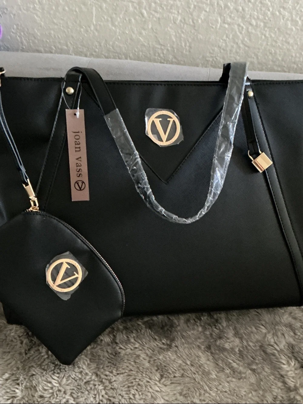 Joan Vass Black Tote with Gold Logo and Wristlet